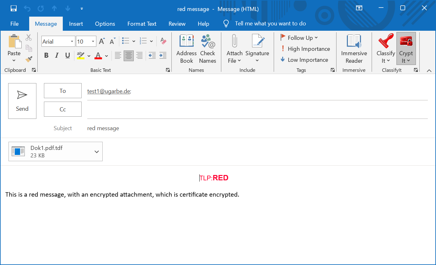 Outlook message showing a TLP:RED marking and a certificate-encrypted .tdf attachment in the ClassifyIt workflow