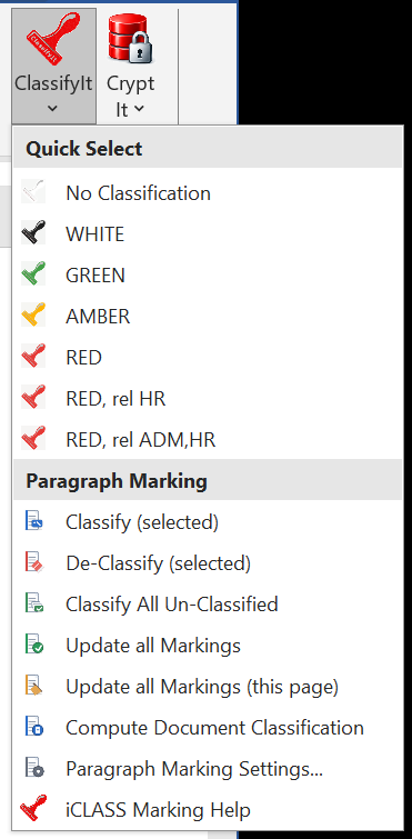 ClassifyIt Word menu showing Paragraph Marking commands: Classify selected, De-Classify selected, Classify All Un-Classified, update markings, compute document classification and paragraph marking settings.